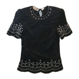 Vintage Black & White Sequin Lawrence Kazar 100% Silk Blouse - Size S